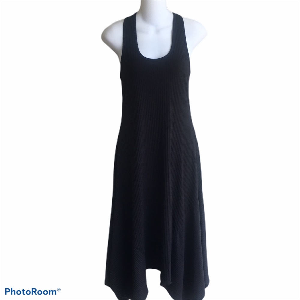 Madison Black Ribbed Midi Dress Asymmetric S M Sleeveless NWT